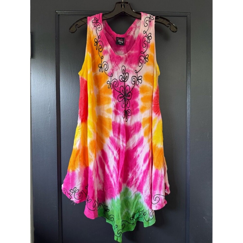 Colorful Tie-Dye Embroidered Sleeveless Tunic / Swim Coverup